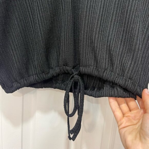 Zara Black Ribbed Short Sleeve Blouse M Drawstring Hem Oversized Minimalist Top - Picture 4 of 4
